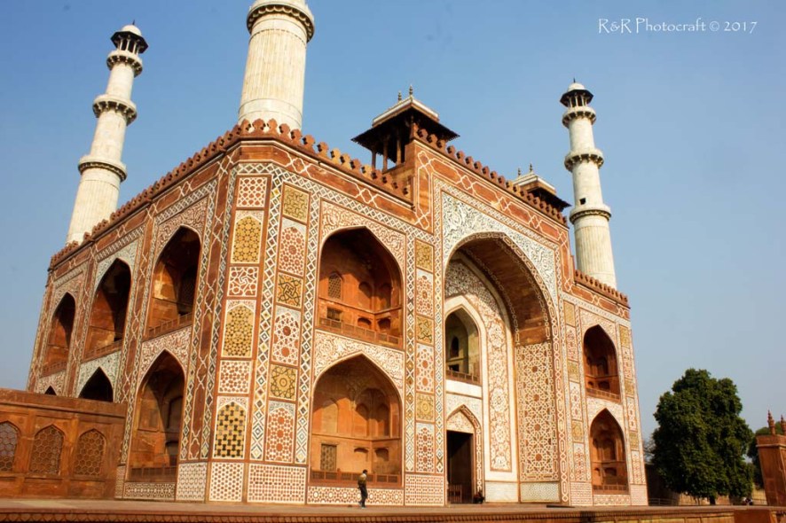 Diagonal view of the ornamented main gate of Akbar's tomb